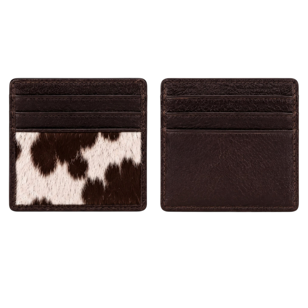 "Two card holder wallets side by side — left one with brown and white cow-print calf hair pocket, right one in plain dark brown leather, both photographed on a white background."