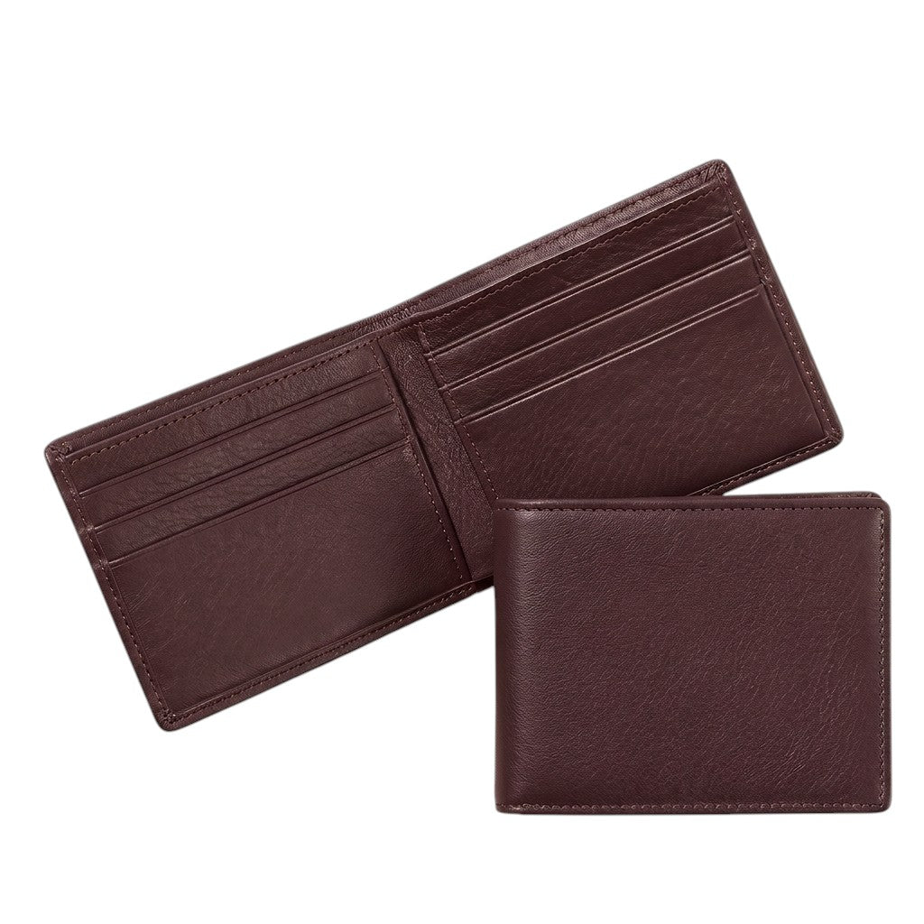 "Burgundy/dark maroon leather bifold wallet shown from two angles — open with visible card slots and cash pockets, and closed from the side, on a white background.")