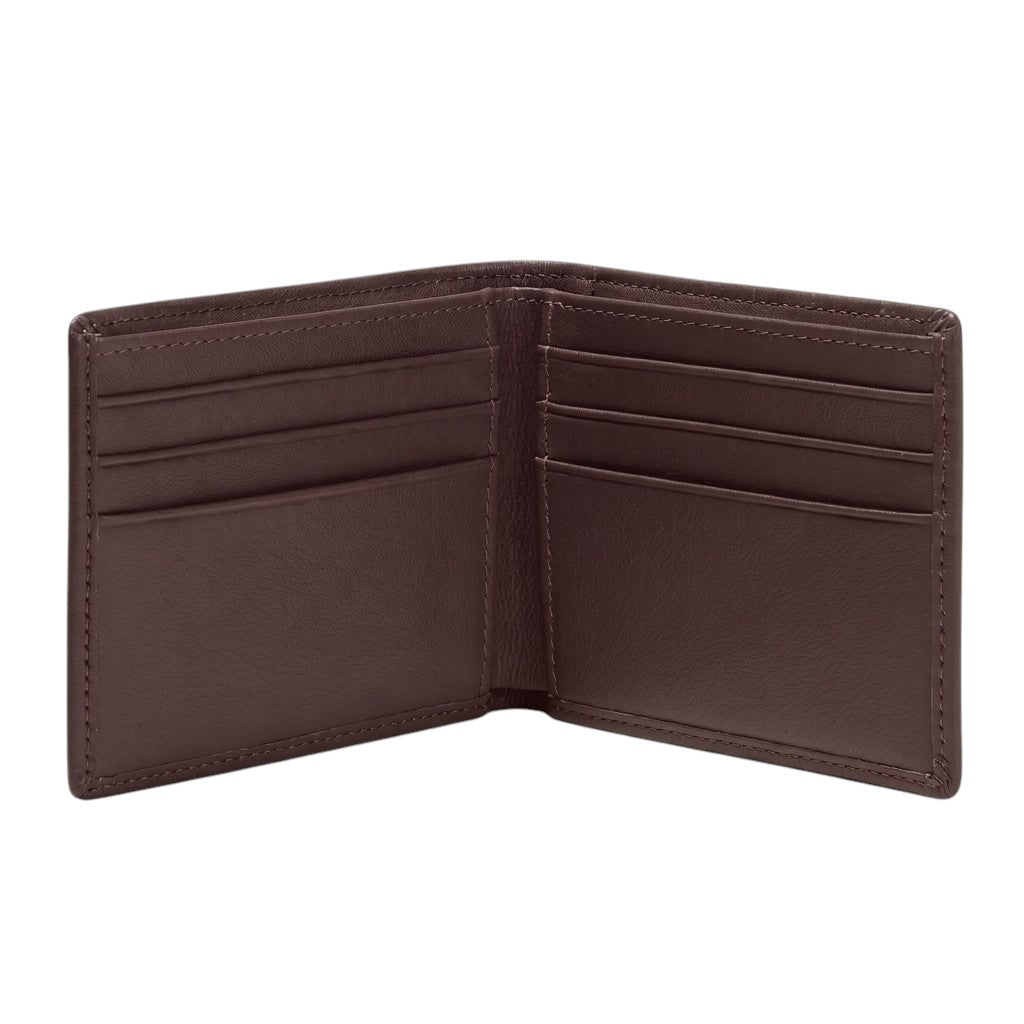 "Standing empty dark maroon leather bifold wallet with visible empty card slots, on a soft cream-colored background.")