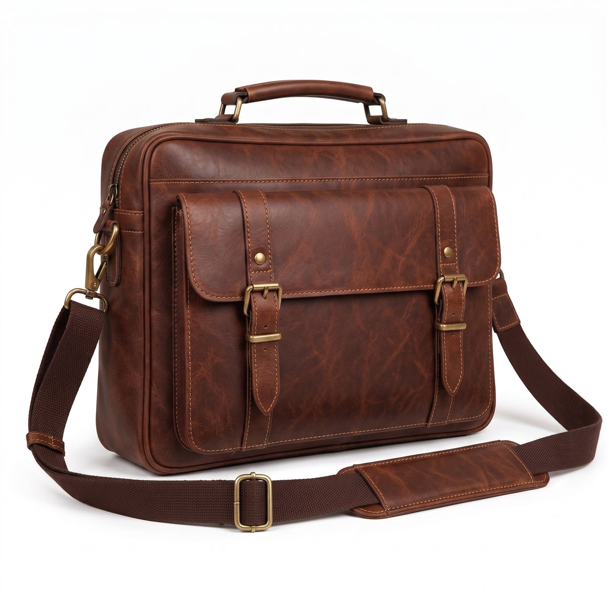 "A distressed brown leather briefcase bag with a top carry handle, front flap pocket secured by two brass buckle straps, a brass zipper along the top, and an adjustable padded shoulder strap laid in front, photographed at an angle on a white background."