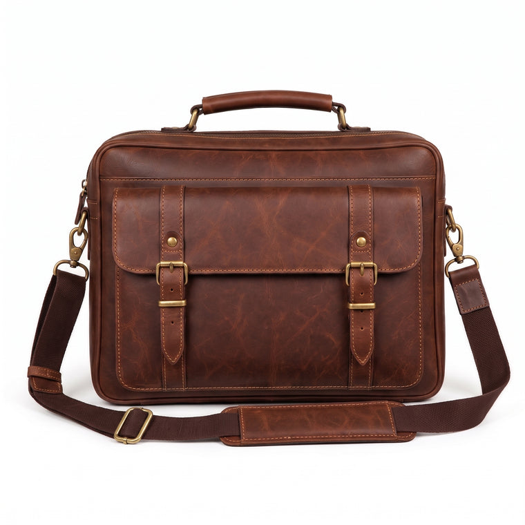 "Front view of the brown leather briefcase showing the flap pocket secured with two brass buckle straps, the top handle, and the shoulder strap hanging symmetrically on both sides against a white background."