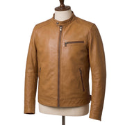 "Close-up of a tan leather biker jacket's collar and chest area on a mannequin, showing the snap button collar, front zipper, and chest zip pocket in detail."