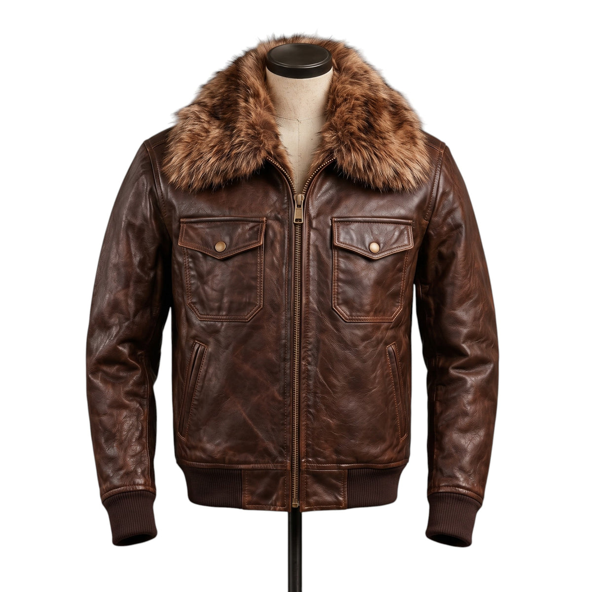 "A dark brown distressed leather bomber jacket with a faux fur collar, front zipper, two button-flap chest pockets, and ribbed cuffs and hem, displayed on a mannequin against a white background."