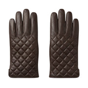 "A pair of dark brown leather gloves laid flat side by side, both showing diamond-quilted stitching on the back of the hand against a white background."