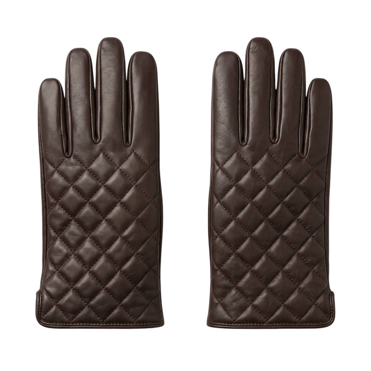 "A pair of dark brown leather gloves laid flat side by side, both showing diamond-quilted stitching on the back of the hand against a white background."