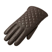 "Diagonal angle view of a dark brown leather glove, showing the diamond-quilted stitching pattern on the back of the hand against a white background."
