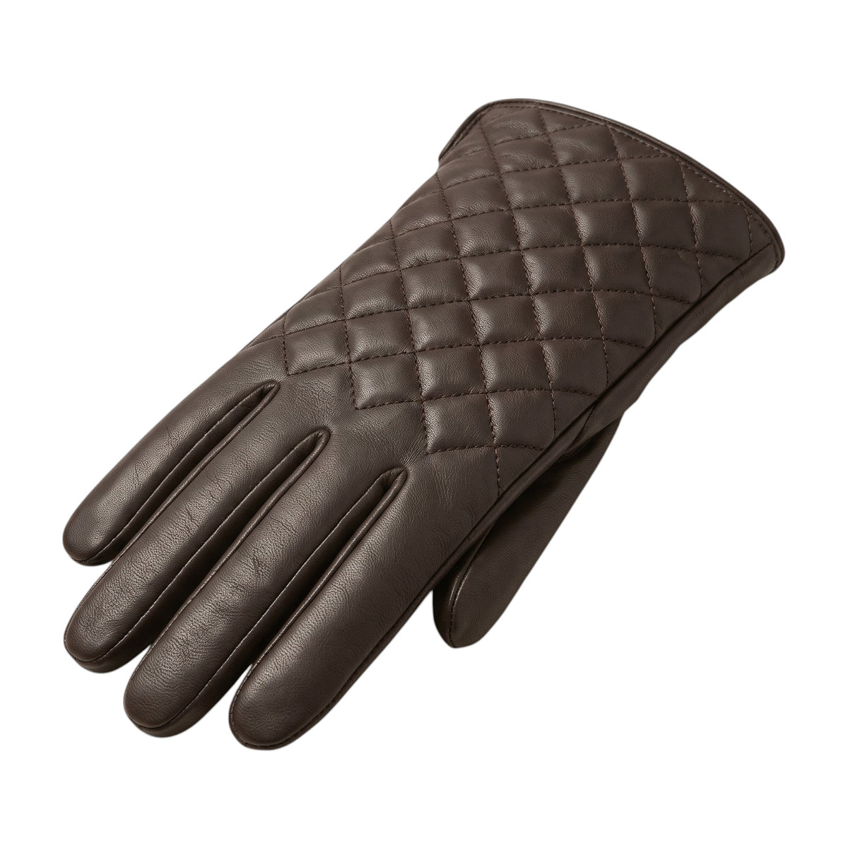 "Diagonal angle view of a dark brown leather glove, showing the diamond-quilted stitching pattern on the back of the hand against a white background."