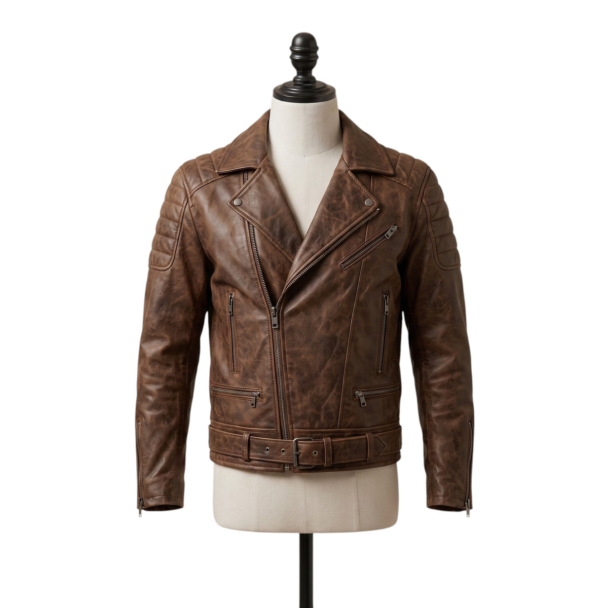 Vintage Distressed Brown Leather Biker Jacket
