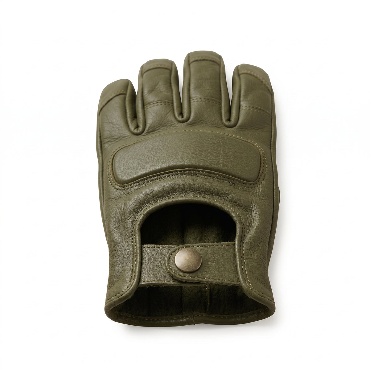 **"Olive green leather motorcycle glove with knuckle guard and wrist snap"**