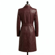 "Burgundy leather belted trench coat, back view on mannequin"