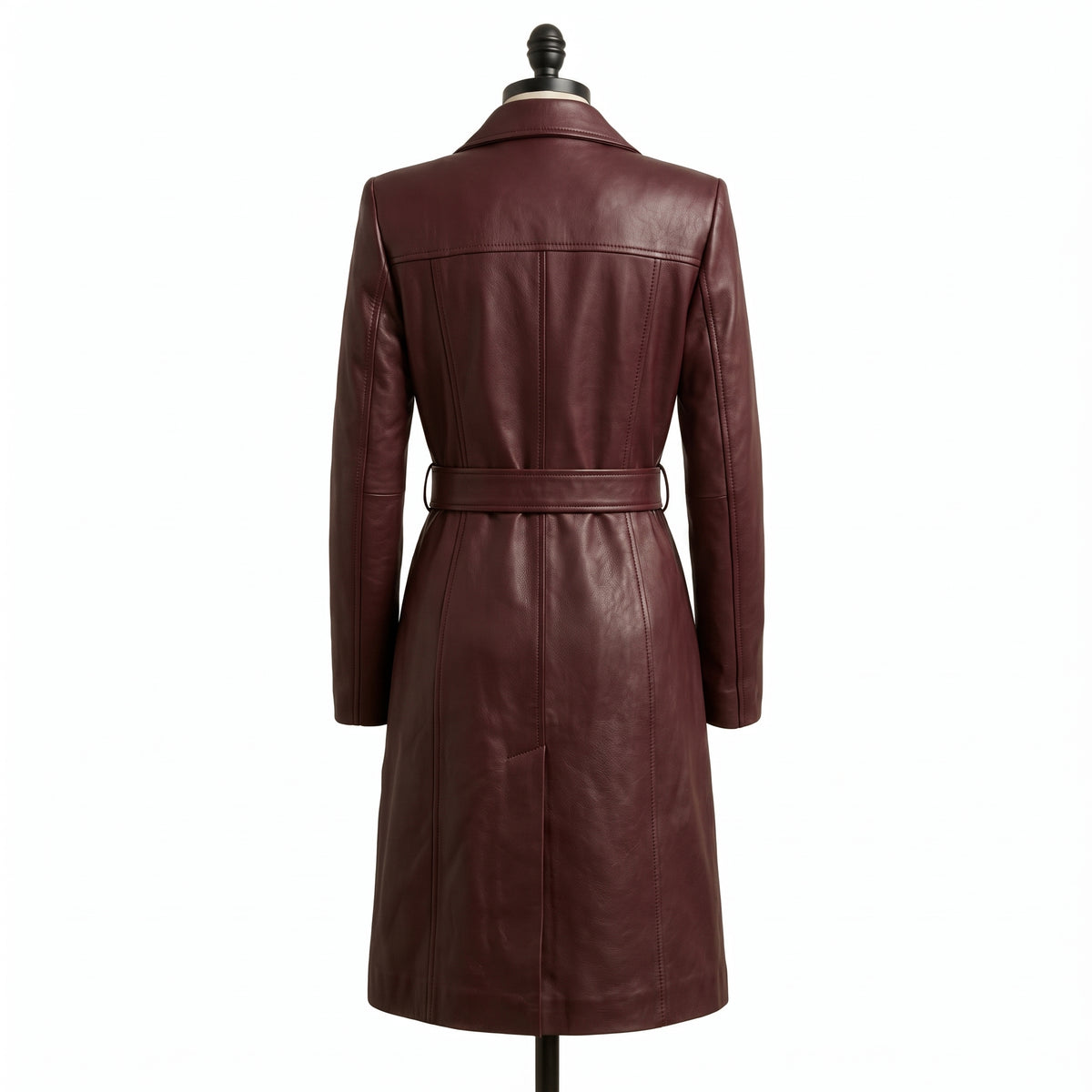 "Burgundy leather belted trench coat, back view on mannequin"