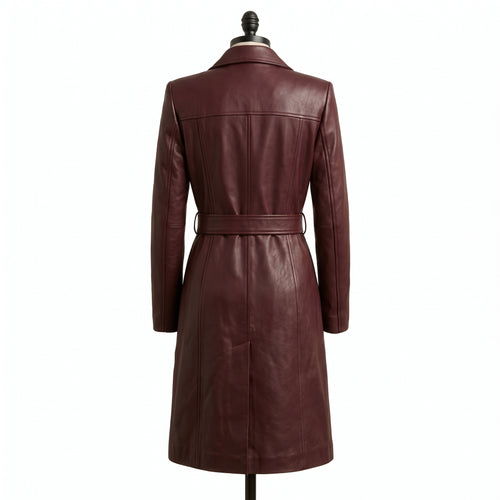 "Burgundy leather belted trench coat, back view on mannequin"