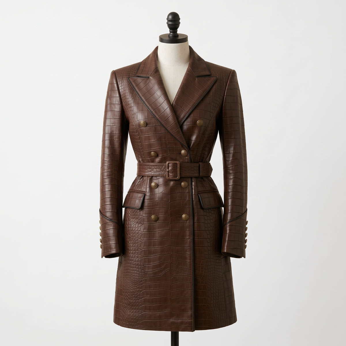 "Front view of a brown crocodile-embossed leather coat with double-breasted gold buttons, notch lapel, belted waist, and flap pockets, displayed on a mannequin against a white background."