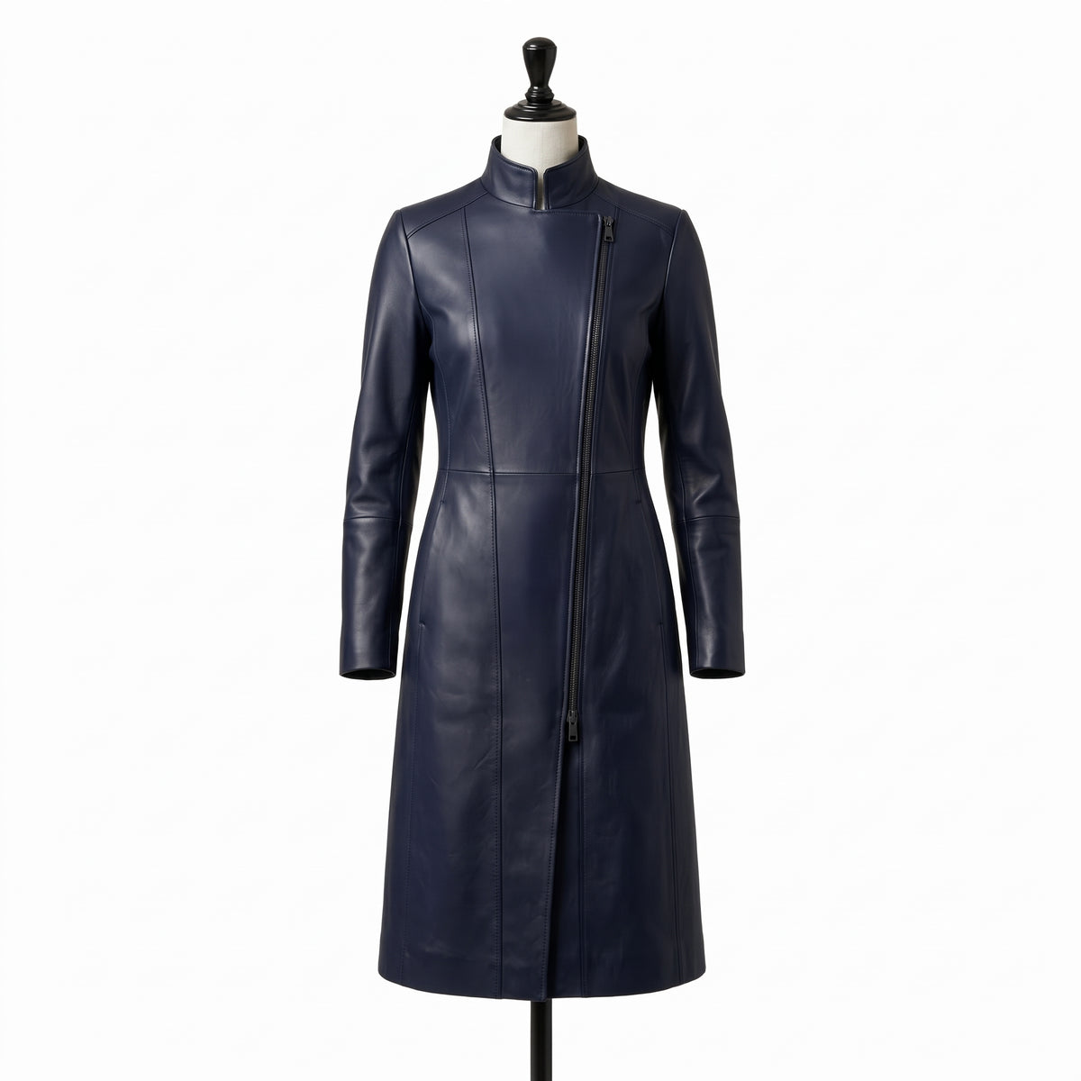 "Front view of a navy blue leather coat with a stand collar and asymmetric diagonal zipper, displayed on a mannequin against a white background."