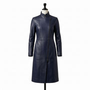 "Front view of a navy blue leather coat with a stand collar and asymmetric diagonal zipper, displayed on a mannequin against a white background."
