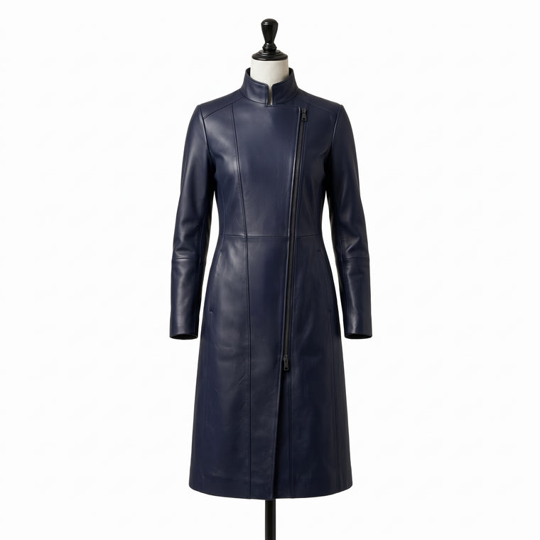 "Front view of a navy blue leather coat with a stand collar and asymmetric diagonal zipper, displayed on a mannequin against a white background."