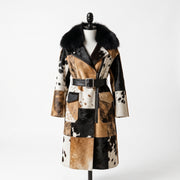 Hair-On Cowhide Trench Coat with Fur Collar