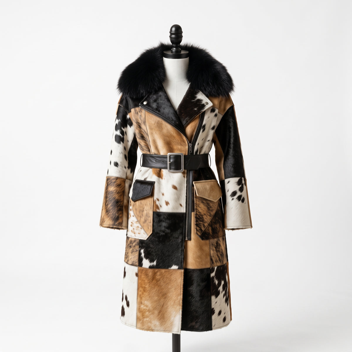 Hair-On Cowhide Trench Coat with Fur Collar