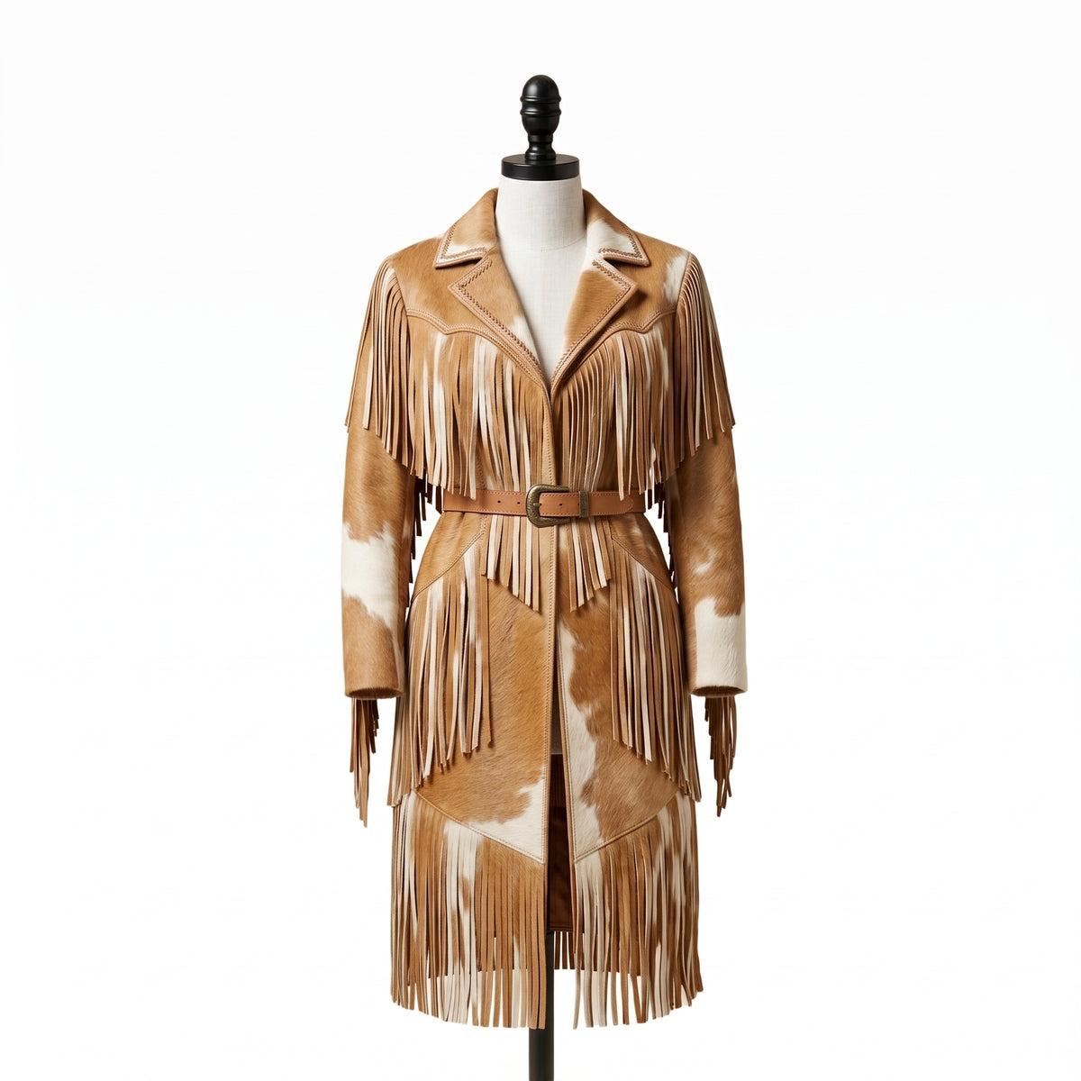 Women's Western Cowhide Leather Trench Coat with Fringes