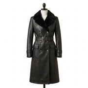 Women’s Double-Breasted Leather Trench Coat with Fur Collar