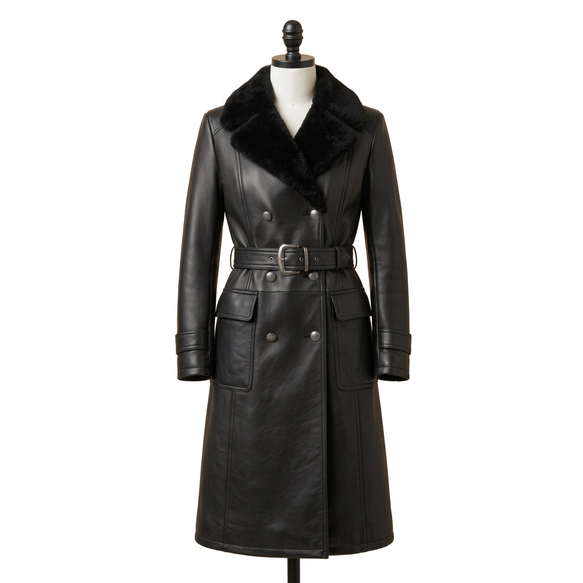 Women’s Double-Breasted Leather Trench Coat with Fur Collar