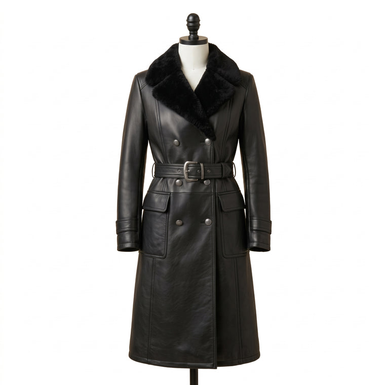 Women’s Double-Breasted Leather Trench Coat with Fur Collar