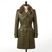 Women’s Olive Green Leather Trench Coat with Fur Collar