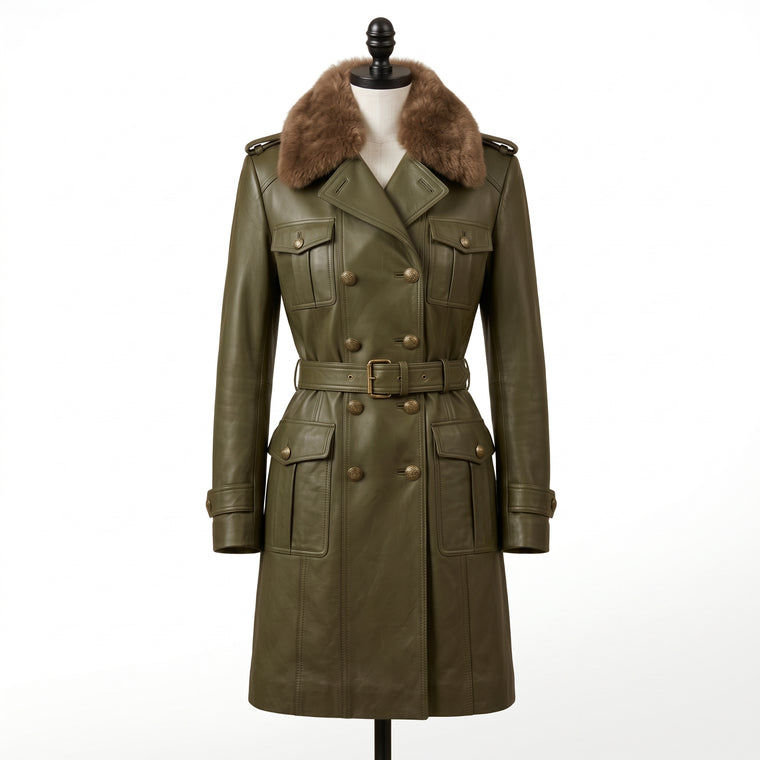 Women’s Olive Green Leather Trench Coat with Fur Collar