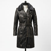 Women’s Long Leather Biker Trench Coat with Belt