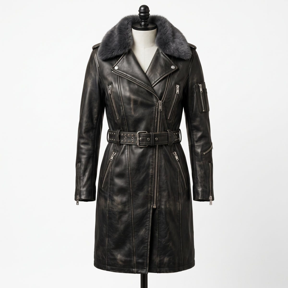 Women’s Long Leather Biker Trench Coat with Belt