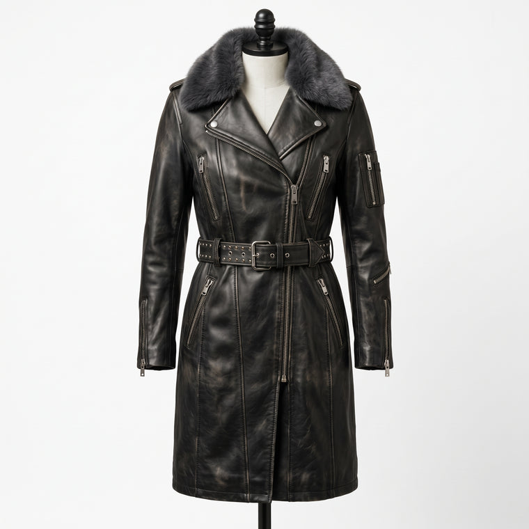Women’s Long Leather Biker Trench Coat with Belt