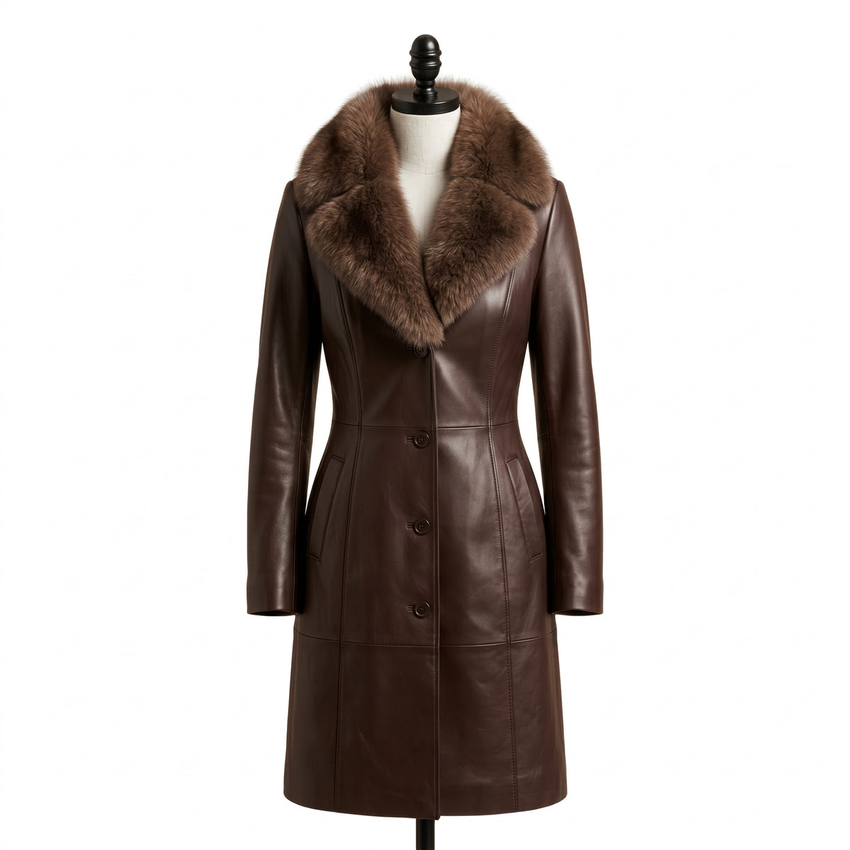 Women’s Single-Breasted Brown Leather Coat with Fur Collar