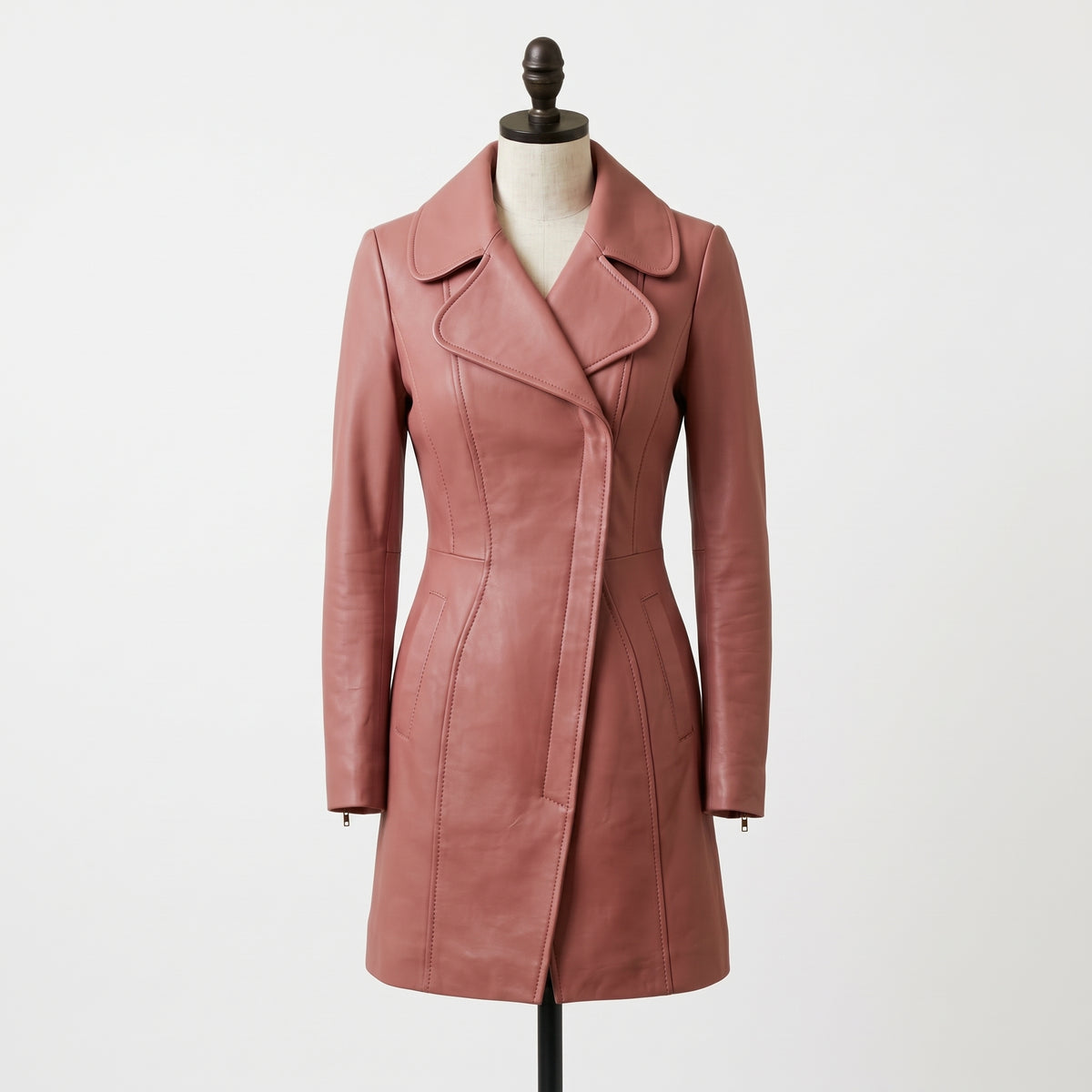 Women's Dusty Rose Pink Leather Trench Coat – Knee Length