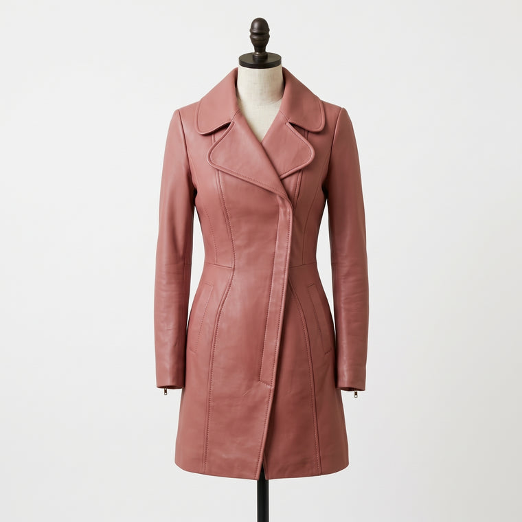 Women's Dusty Rose Pink Leather Trench Coat – Knee Length