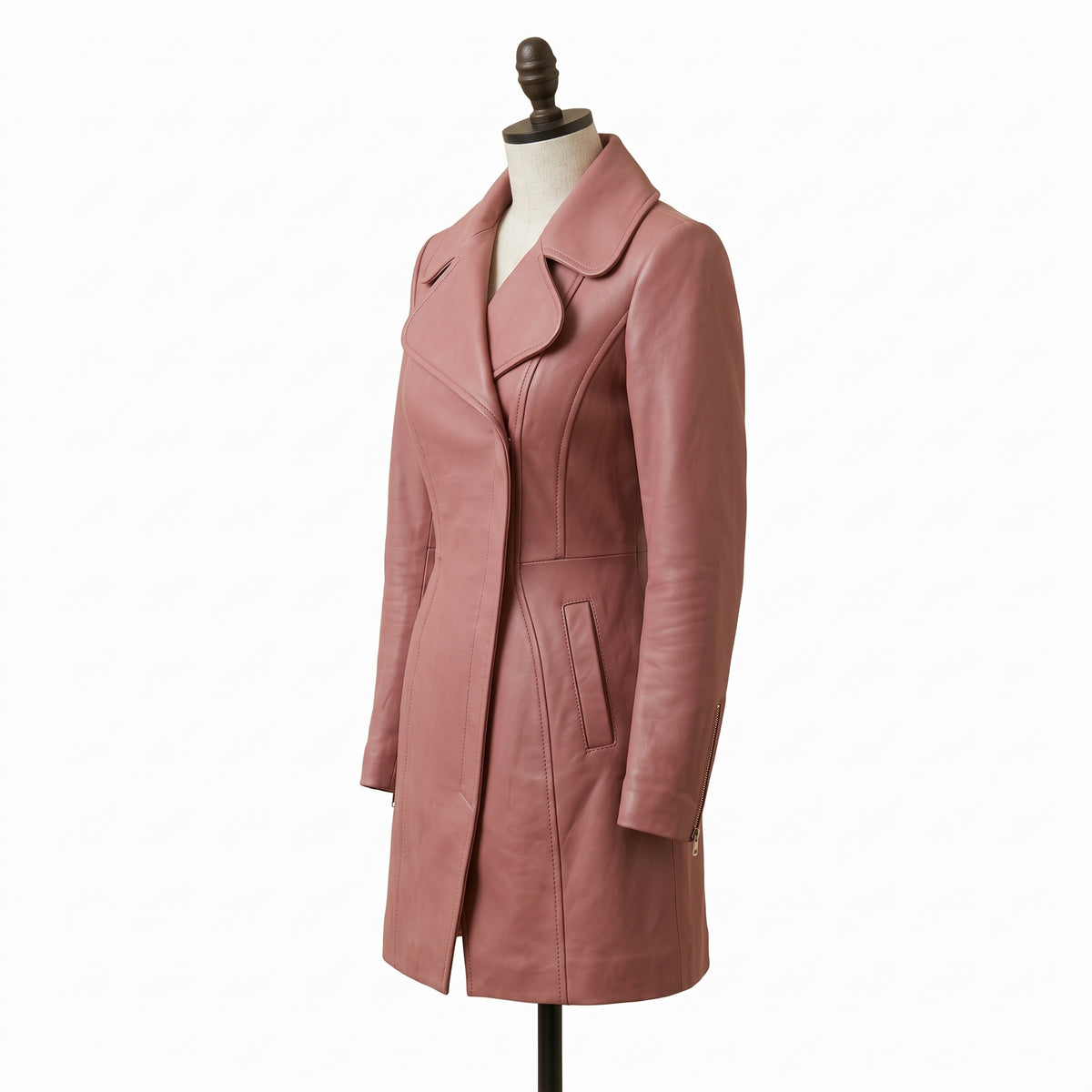 Women's Dusty Rose Pink Leather Trench Coat – Knee Length