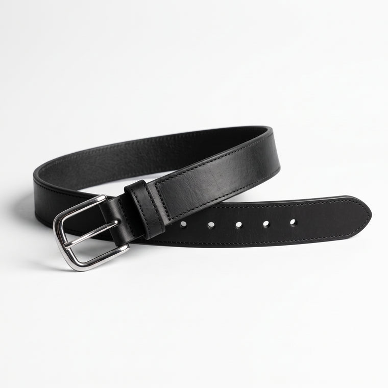Classic Men's Black Leather Belt with Silver Buckle