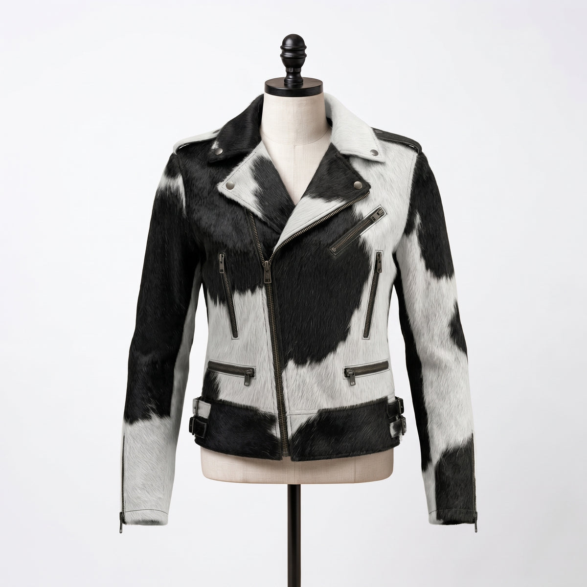 Black & White Cowhide Asymmetrical Motorcycle Jacket