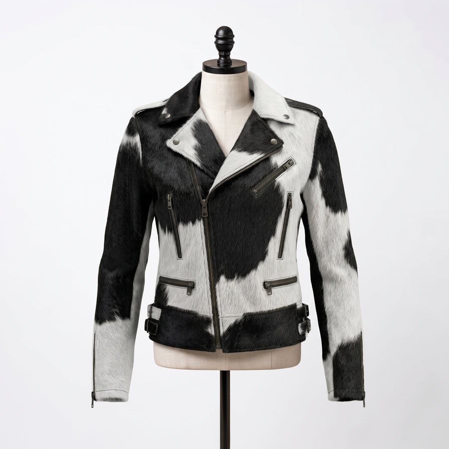 Black & White Cowhide Asymmetrical Motorcycle Jacket