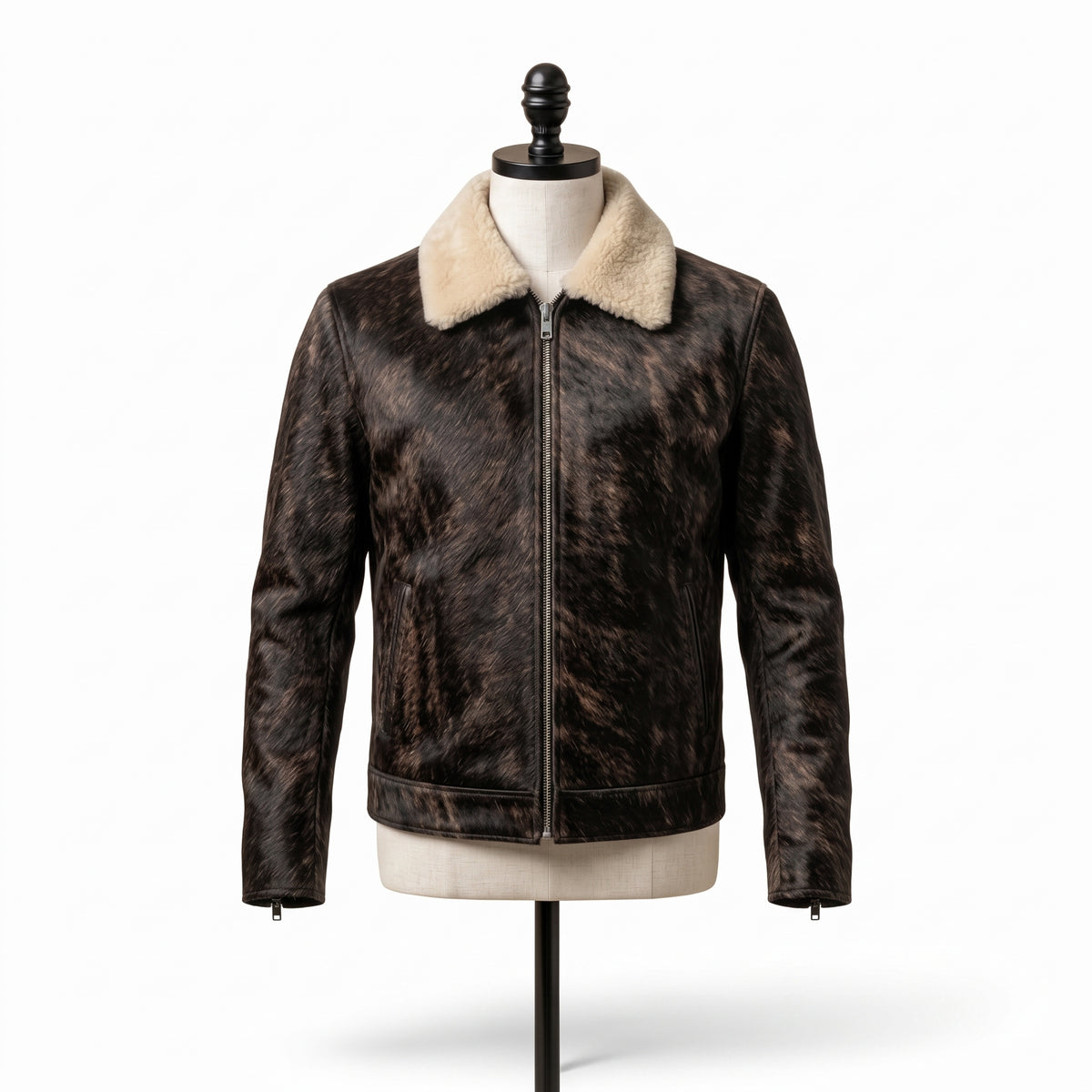 Shearling Collar Cowhide Leather Jacket