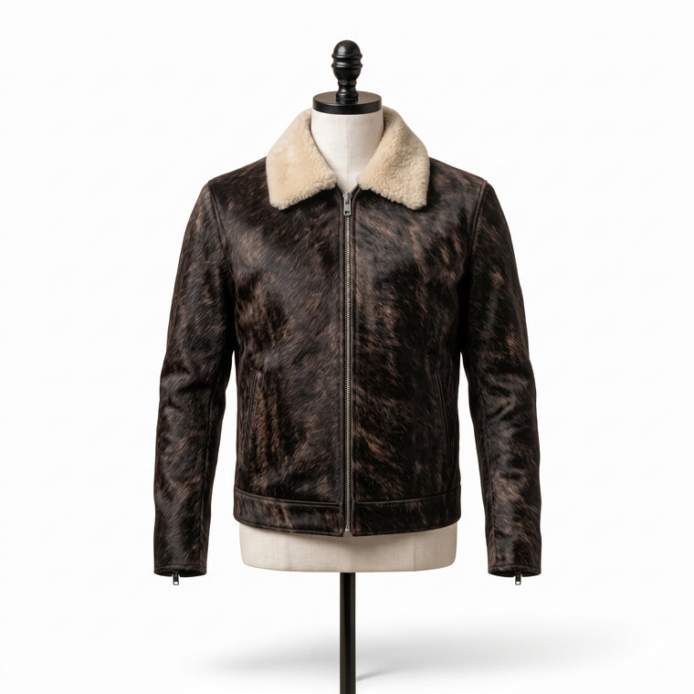 Shearling Collar Cowhide Leather Jacket