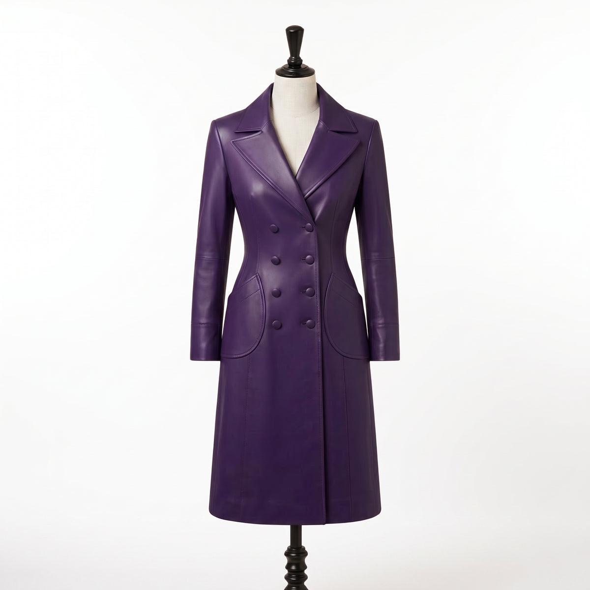 Women’s Luxury Purple Double-Breasted Leather Coat
