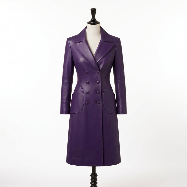 Women’s Luxury Purple Double-Breasted Leather Coat
