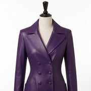 Women’s Luxury Purple Double-Breasted Leather Coat