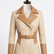 Women’s Two-Tone Cream & Tan Leather Trench Coat with Belt