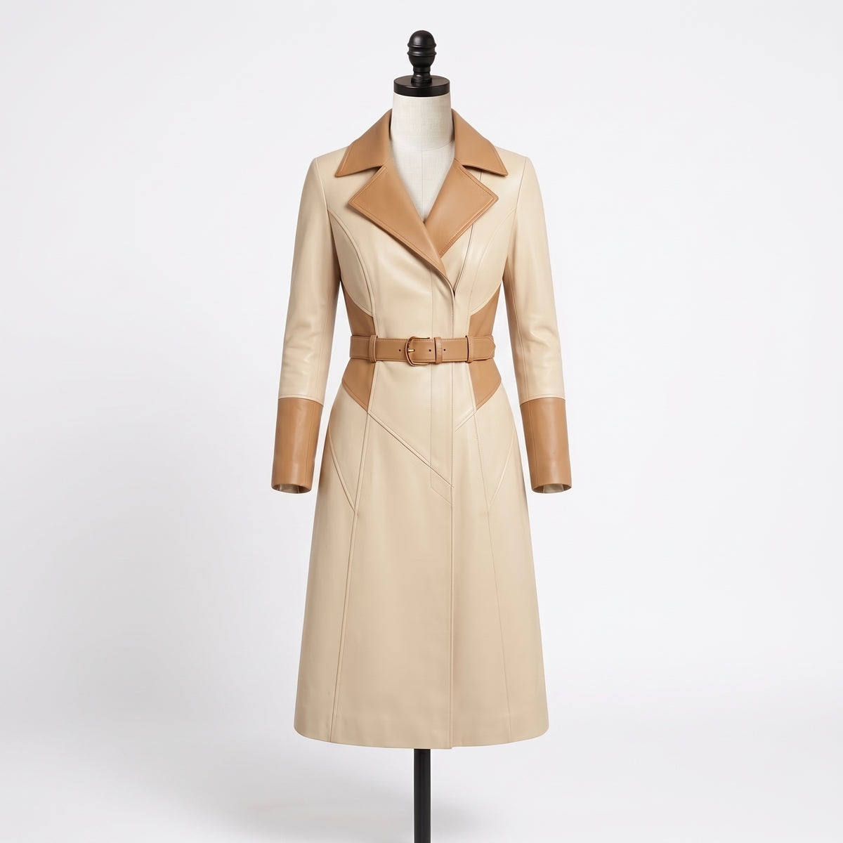 Women’s Two-Tone Cream & Tan Leather Trench Coat with Belt
