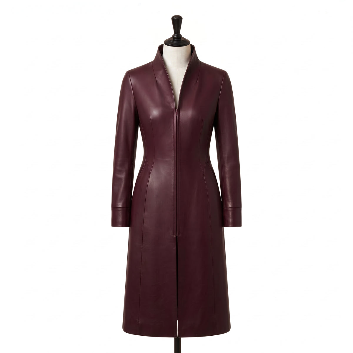 Women’s Burgundy Long Leather Trench Coat with Mandarin Collar