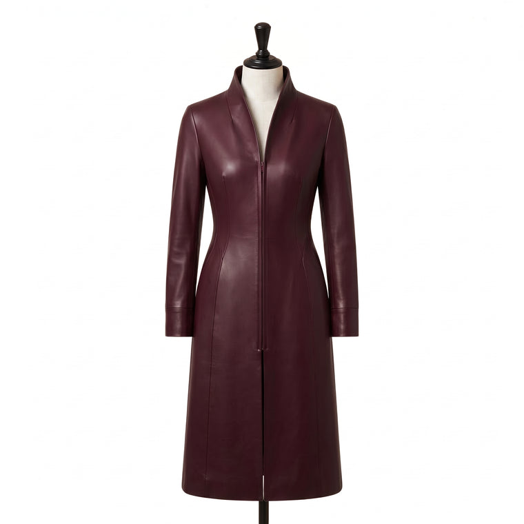 Women’s Burgundy Long Leather Trench Coat with Mandarin Collar