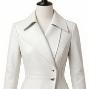 Women’s White Leather Trench Coat – Fitted A-Line Long Coat