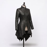 Black Gothic Vampire Leather Coat – Victorian High-Low Design