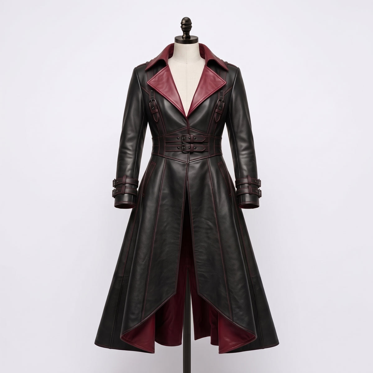 Women’s Gothic Corset Leather Trench Coat – Burgundy & Black